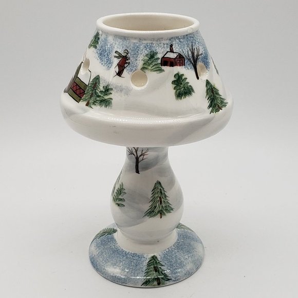 Elements Small Ceramic Spongeware Winter Skiing Trees Scene Tealight Candle Lamp - Picture 10 of 12